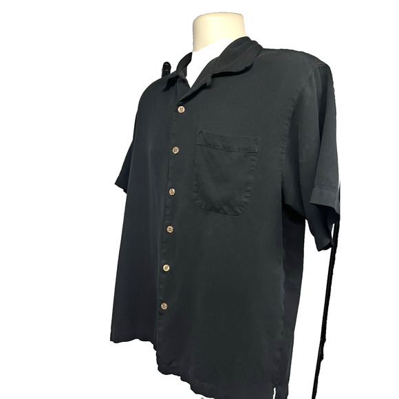 Tommy Bahama Relax Black Hawaiian Embroidered Button Up Silk Shirt Large Pocket - Picture 3 of 9